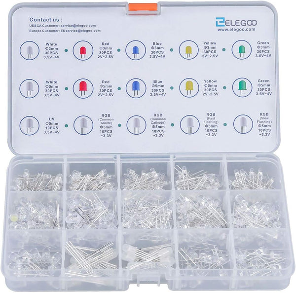 ELEGOO 3mm and 5mm Diffused and Clear Assorted LED Light Bulbs Kit