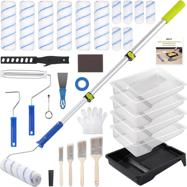 INCLY 32PCS Paint Roller Kit with 2 to 4 Ft Extension Pole,