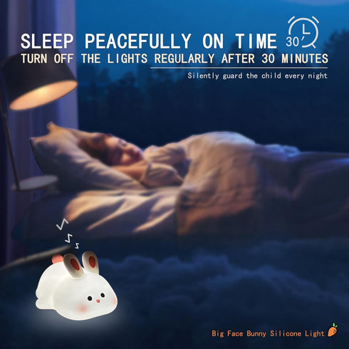 Dimmable 3 Squishy Bunny Night Light for Kids, Cute Big Face Rabbit Silicone Lamp with Timer Brightness, Easter Nursery