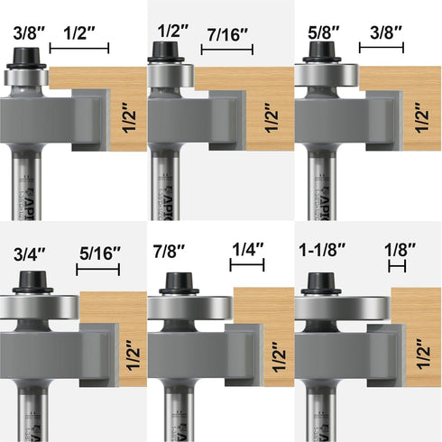 Set 1/4 1pcs 6 1/8", 1/4", 5/16", 3/8", 7/16", 1/2", Professional Rabbet Router Bit Shank with Interchangeable