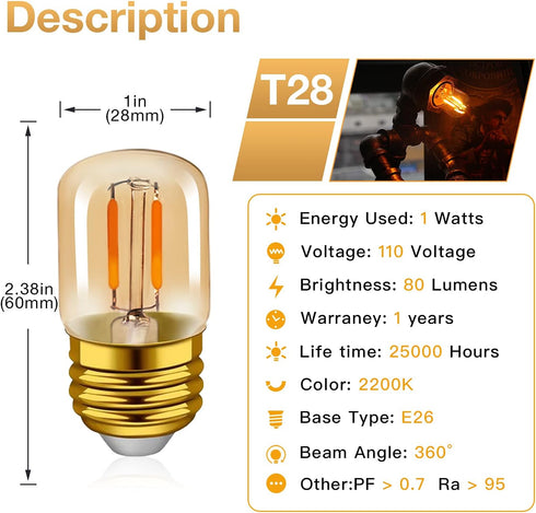 E26 LED Amber Night Light Bulbs 1W, T28 Mini Edison Tube Lamp 2200K Warm, 10W Incandescnet Equivalent,Non-Dimmable Replacement Decorative Bulb Oven Bulb 2 Pack by Hcnew