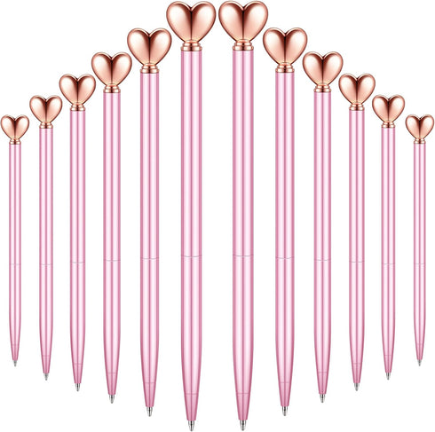 Chinco 12 Pieces Pink Heart Shaped Retractable Metal Pens, Cute Black Ink Ballpoint for Women Gifts