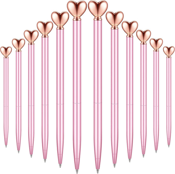 Chinco 12 Pieces Pink Heart Shaped Retractable Metal Pens, Cute Black Ink Ballpoint for Women Gifts
