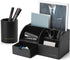Vlando Leather Desktop Organizer Caddy with Drawer, Office Desk Supplies and Accessories Storage, Black Set