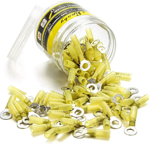 100PCS Heat Shrink Crimp Ring Connectors, 5/16" Yellow, 12-10 AWG, Sopoby Electrical Connectors