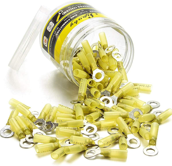 100PCS Heat Shrink Crimp Ring Connectors, 5/16" Yellow, 12-10 AWG, Sopoby Electrical Connectors