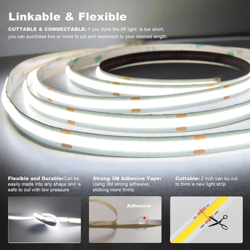 5V Dimmable 6500K CRI93+ 6 Dimmer, 3D COB LED Strip Lights USB Powered White ft Dotless LED Tape Light with Flexible