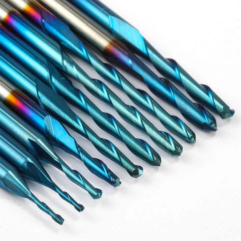 10pcs 2-Flute Nano Blue Coat Ball Nose Spiral End Mill, 1/8'' Shank, 0.8mm-2.5mm Cutting Diameter for CNC Router Bits