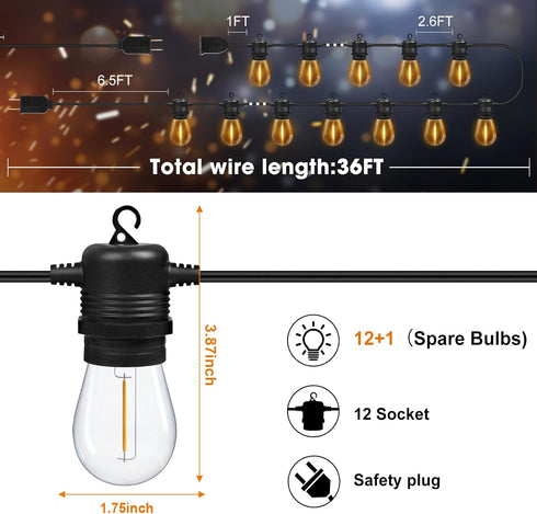 36FT 13 S14 Bulbs(1 2700K Dimmable GvvooHome LED Outdoor String Lights Patio Lights with Shatterproof Replaceable
