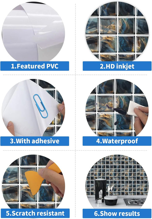 25Pcs Self-Adhesive Mosaic Tile Transfer, Peel and Stick Waterproof Backsplash Tile Sticker for Kitchen Bathroom