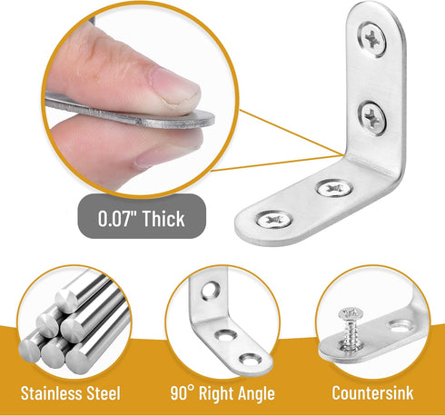 40 Pack 160 1.5"x1.5", Bates- L Brackets for Wood, with pcs Screws, Stainless Steel, L Brackets for Shelves, Corner