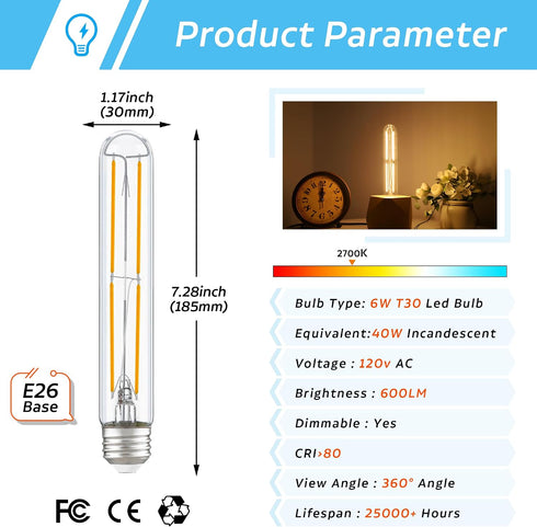 Bulbs 7.3 Inch E26 T10 Bulb Bulb 185mm Bulb,6W 60 Bulb Livingroom,2700K 600LM,Pack 4 Tube Light LED Tubular Light Long