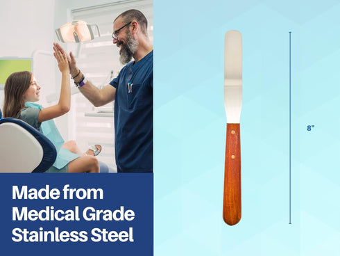 Dental Lab 8" Straight Spatula Set of 3, Plaster Alginate Mixing Stainless Steel with Wooden Handle
