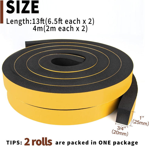 Yotache High Density Adhesive Foam Tape - 2 Rolls 1" W X 3/4", Weather Stripping Gasket Seal, 13 Ft Length