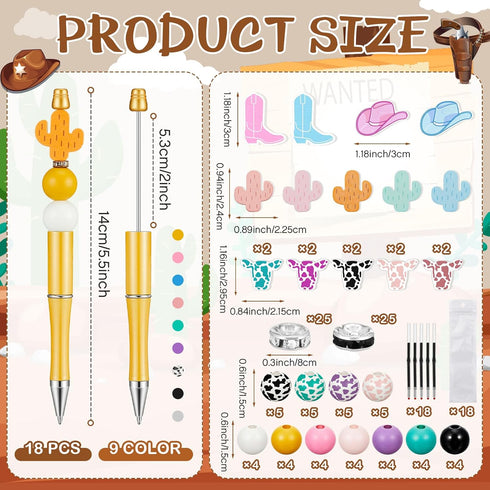 Geelin 18 Set Cow Print Beadable Pens, Assorted Kit with 18 Refills and Cow Themed Wooden Beads
