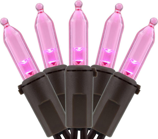 YULETIME 200 Pink LED Christmas Lights, 66 Feet Brown Wire UL Certified