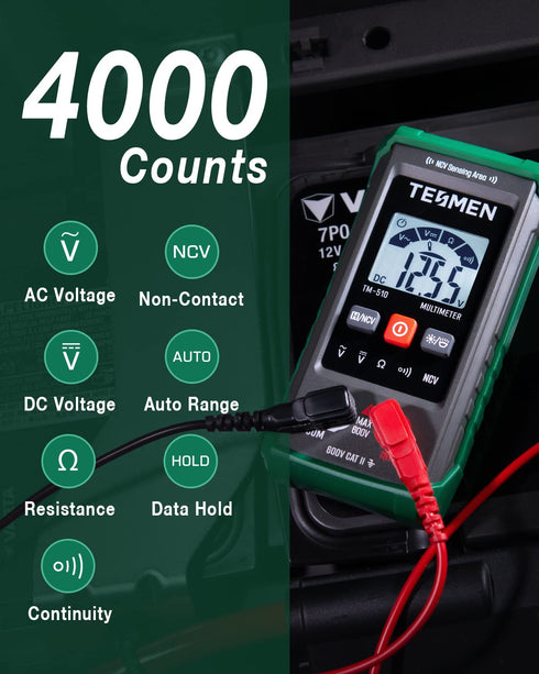TM-510 Digital Multimeter, 4000 Counts, Smart Measurement, Auto-Ranging Voltmeter; Voltage Tester with Non-Contact Voltage Function, Measures AC/DC Voltage, Resistance, Continuity Green