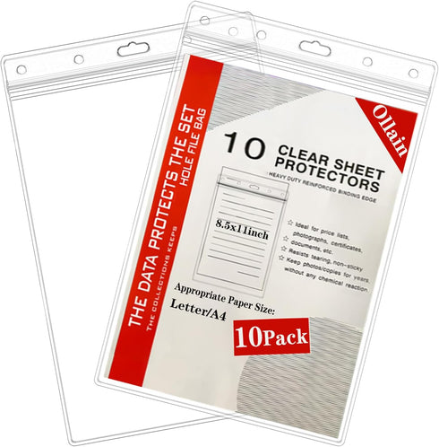 Ollain 10 PCS Waterproof Page Protectors, Resealable Zip Paper Sheet Protectors Clear Hard Plastic Sleeves, 8.5" x 11"