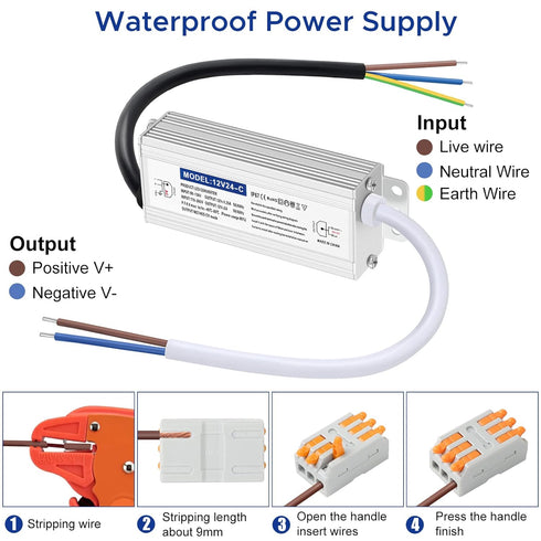 Waterproof IP67 LED Driver Power Supply 12V 24W 2A, 110V AC to 12V DC Converter for Indoor and Outdoor LED Lighting