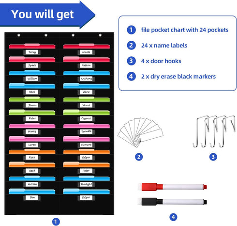 REGELETO 24 Pocket File Storage Pocket Chart, Hanging Wall Organizer for Classroom and Office, Organize Assignments and