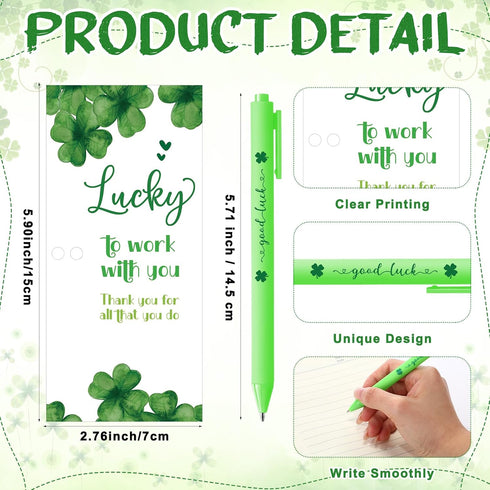 Fullhawl 24 Sets Shamrock Pen Gifts Bulk for Employee Good Luck Ballpoint Pens Clover Keychains with Thank You Cards