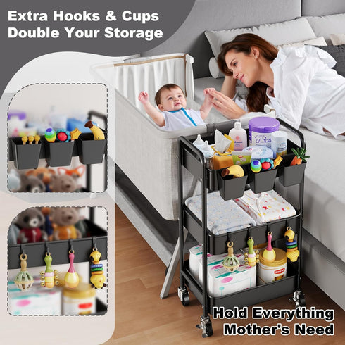 Aofure 3 Baby Diaper Caddy Organizer and Storage, Tier Rolling Cart with Wheels for Newborn Nursery Essentials, Baby