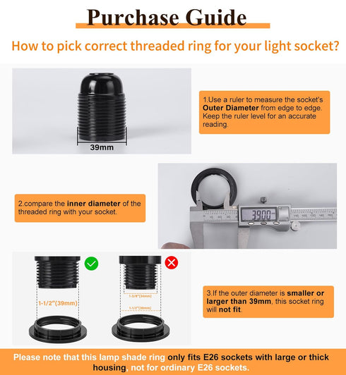 E26 1-1/2 Inch (39mm), 4-Pack DiCUNO Lamp Shade Rings, White Light Socket Ring, Lock Socket Replacement for Standard