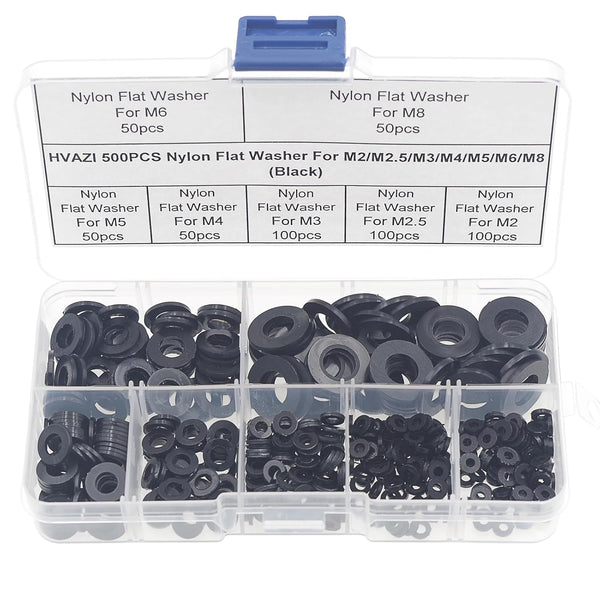 500PCS Nylon Flat Washers for M2 M2.5 M3 M4 M5 M6 M8 Screw Bolt, Black