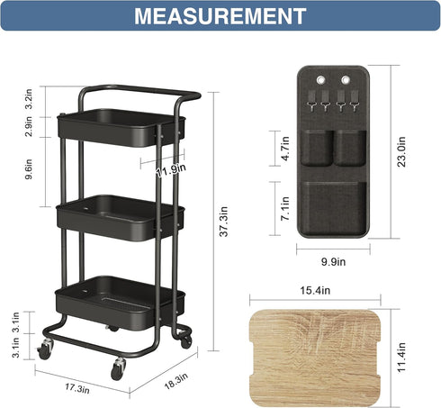 DTK 3 Tier Metal Utility Rolling Cart with Table Top, Side Bags, Tray Storage Organizer on Wheels for Kitchen, Office