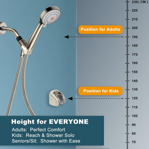 YOO.MEE On Wall Mount Shower Bracket for Handheld Shower Head, Height Adjustable, Brushed Nickel