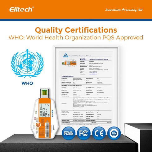 Elitech WHO PQS Certificated Temperature Data Logger 120Days with Light Sensor Single Use Temperature Recorder PDF Report USB Temperature Logger 16000 Points LogEt1