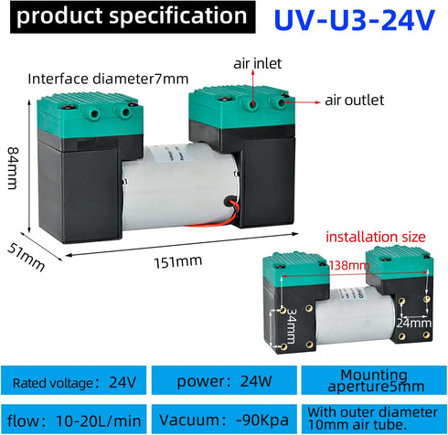 12/24V 10W -80KPa 15L/Min Mini DC Air Pump Oilless Mute Diaphragm Vacuum Pump Electrical Vacuum Suction (UV-U3-24V) by VUYOMUA