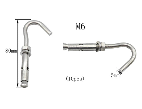 LBY 10pcs Expansion Anchor Bolt Open Cup Hooks - M6 Heavy Duty Bolts, Stainless Steel Hardware Tool
