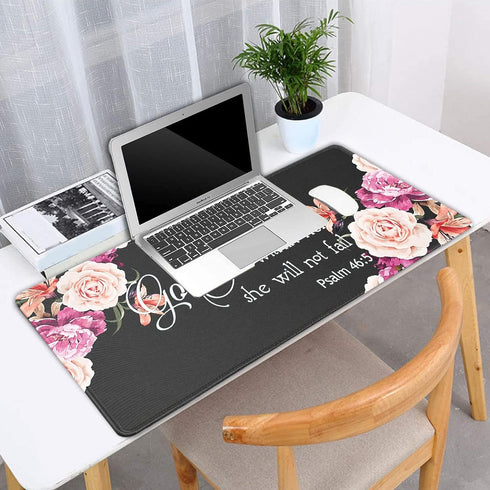 Large Gaming Mouse Pad, Extended Ergonomic Desk Pad, 31.5'' X 11.8', Stitched Edges, Peony Flower Psalm 46:5, Cup