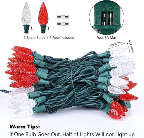 C5 33ft 100 120V Brizled Red & White Christmas Lights, LED Christmas Tree Lights, Connectable UL Certified Faceted Xmas