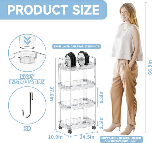 Yieach 4 Clear Tier Rolling Utility Cart with Wheels,Modern Bedside Cart for Baby Essentials,Nursery,Diaper Caddy,Baby