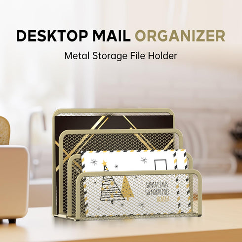 SUPEASY Mail Organizer - Desktop File Holder with 3-Slot, Metal Mesh for Countertop, Yellow