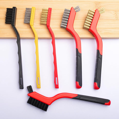 OWATRKDEY Set 6Pcs, 7 Inches Small Wire Brush Stainless Steel/Brass/Nylon/Bristle Mini Wire Brushes for Cleaning Rust