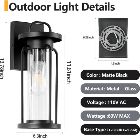 2 Pack 14 Inch Outdoor Wall Light Fixtures, Large Exterior Coach Lights, Black Wall Sconce Lamp, Exterior Waterproof