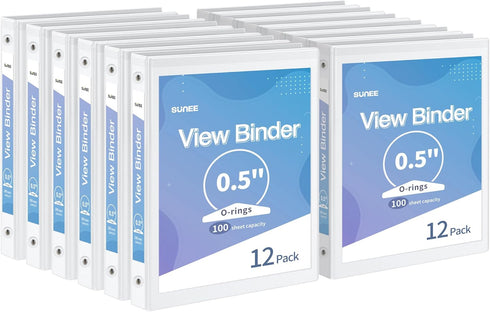 SUNEE 3 Ring Binder 1/2 Inch, 12 Pack, Clear View PVC-Free Binder for School or Office Supplies, White Binder