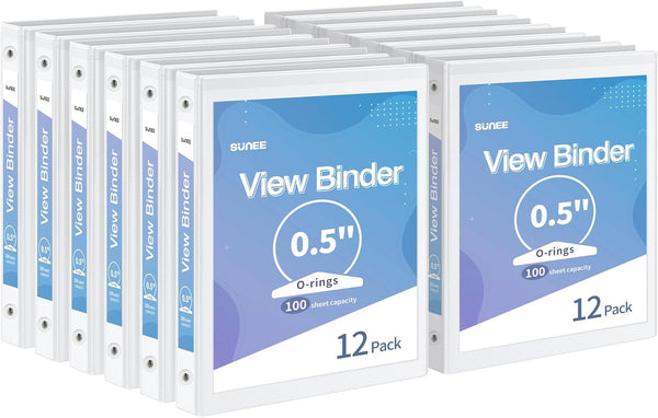SUNEE 3 Ring Binder 1/2 Inch, 12 Pack, Clear View PVC-Free Binder for School or Office Supplies, White Binder