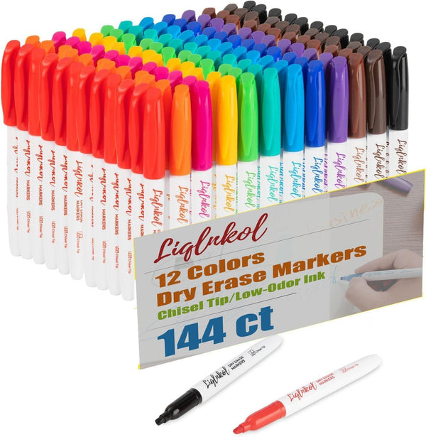 Dry Erase Markers Bulk, Pack of 144 with 12 Assorted Colors, Chisel