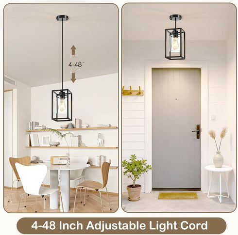 1 Pack Pendant Lights Kitchen Island, Black Pendant Light, Adjustable Corded Pendant Light Fixtures with Glass Shade