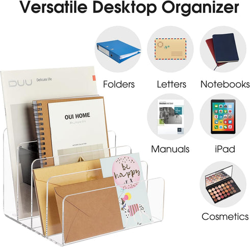 MaxGear Acrylic File Organizer for Desk, 4 Section Clear File Holder, Vertical Mail Desk Organizer for Documents