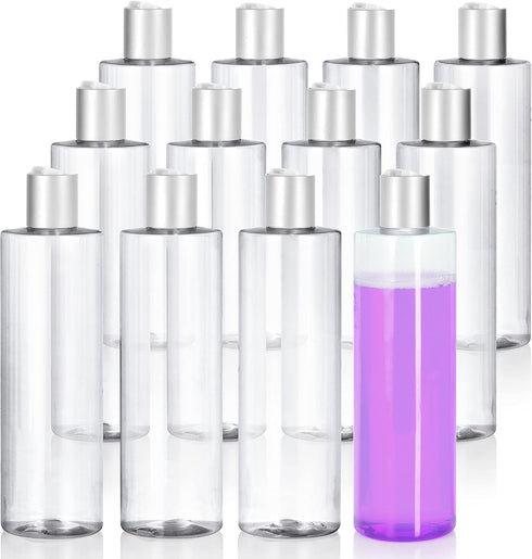JUVITUS 12 oz Clear PET Plastic Bottles with Silver Disc Cap, Professional Cylinder, 12 Pack