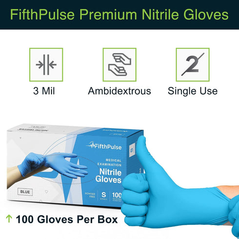 100 Count FifthPulse Blue Nitrile Medical Gloves Large, - Surgical Grade Latex Free Disposable Gloves