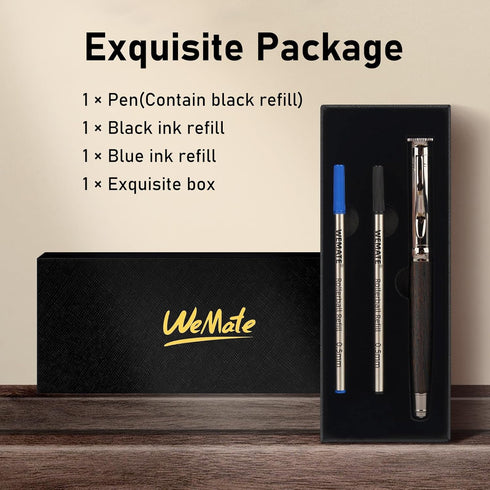 WEMATE Wood Rollerball Pen Set, Fancy Writing Pen with 2 Extra Ink Refills (1 Black & 1 Blue), Black Oak