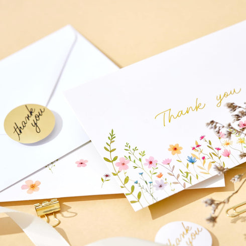 WarmPress Creative 40 Pack 4x6 300GSM Floral Thank You Cards with Envelopes Bulk - Gold Foil Blank Cards with Matching