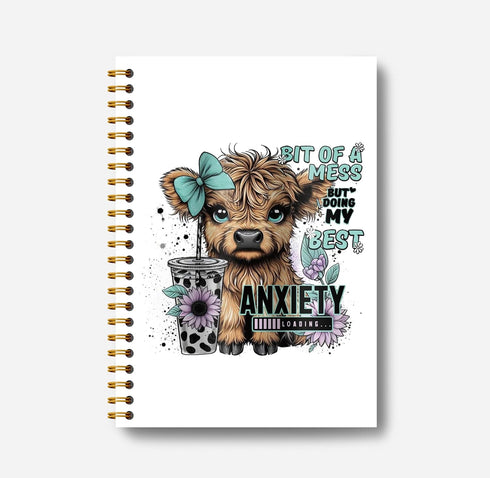 Bit of a Mess Anxiety Funny Highland Cow Notebook, Western Cow Office Supplies, Cute Cow Spiral Notebook 5.5x8.3