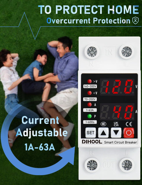 DIHOOL Smart Circuit Breaker with Adjustable Current, Voltage Protector 110V 240V High or Low Voltage Cutoff
